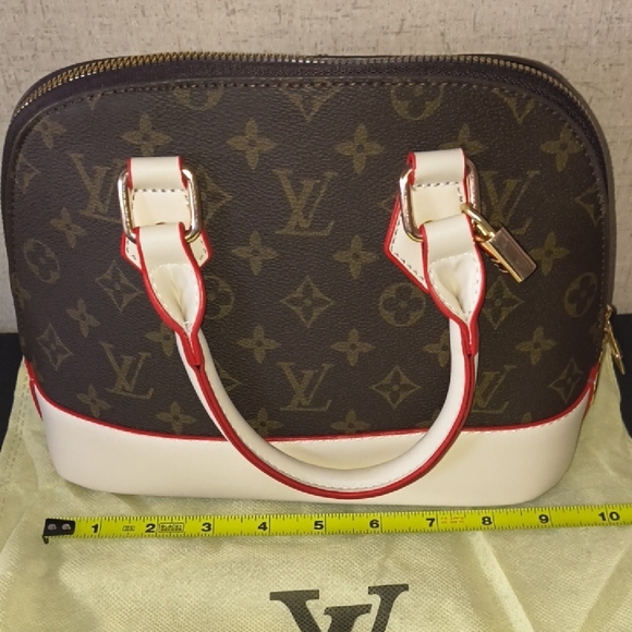 Brown and White Satchel with Red Accents - Picture 9 of 10